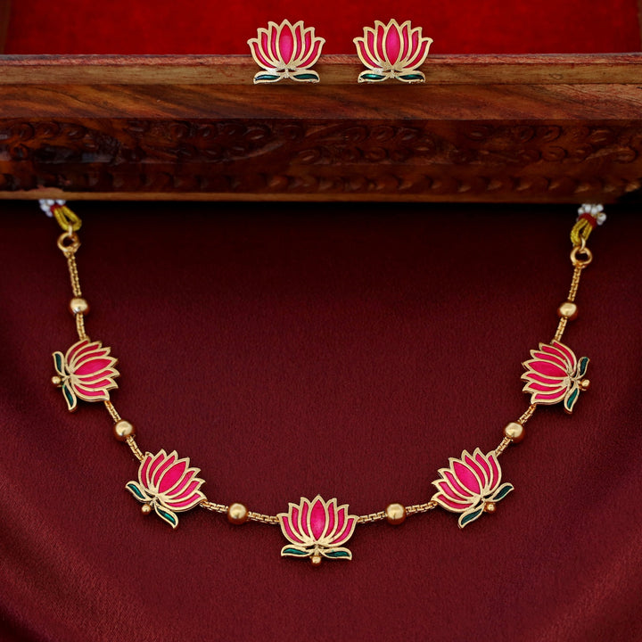 Golden Ball Advaita Enamel Lotus Short Neckpiece / Choker With Earring