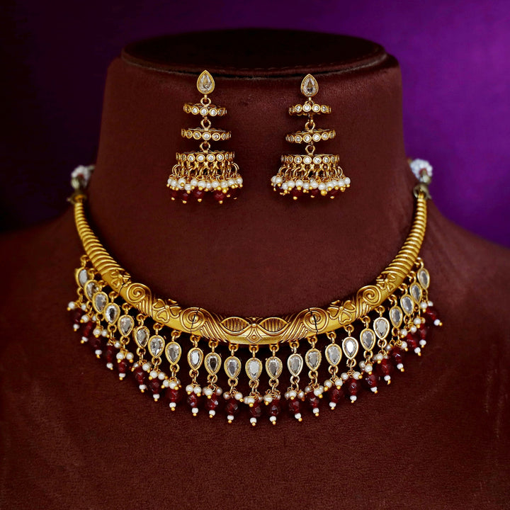 Premium Beaded Drop Stiff Wings Short Neckpiece With Earring