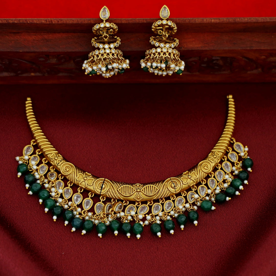 Premium Beaded Drop Stiff Wings Short Neckpiece With Earring