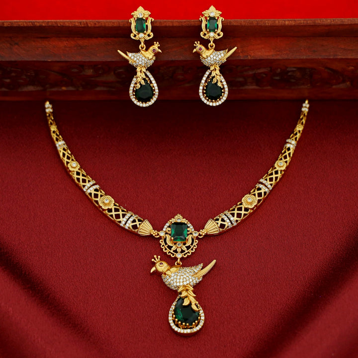 Avantika Golden Bird Glossy Drop Short Neckpiece With Earring