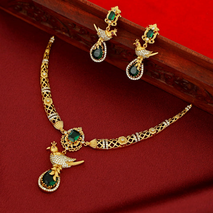 Avantika Golden Bird Glossy Drop Short Neckpiece With Earring