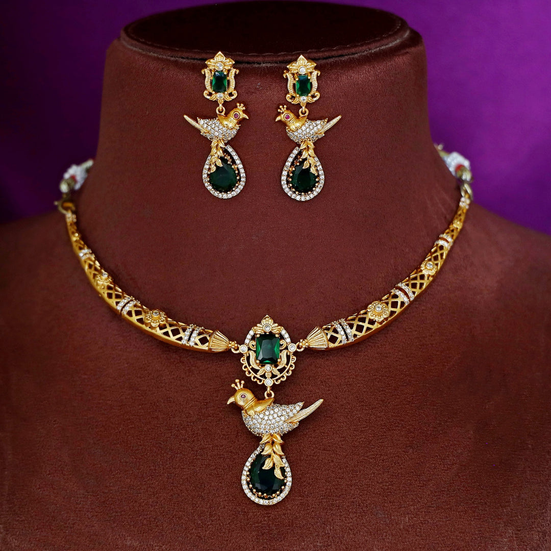 Avantika Golden Bird Glossy Drop Short Neckpiece With Earring