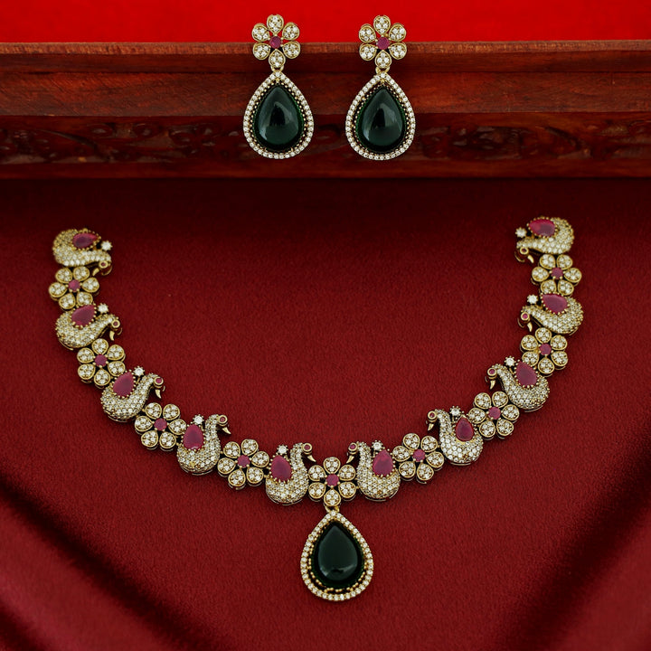 Premium Shanaya AD Stone Glossy Swan Drop Short Neckpiece With Earring