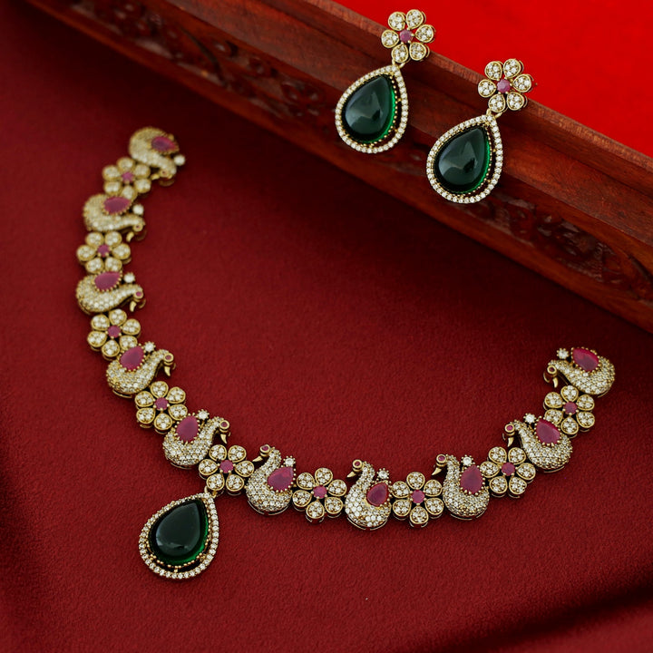 Premium Shanaya AD Stone Glossy Swan Drop Short Neckpiece With Earring