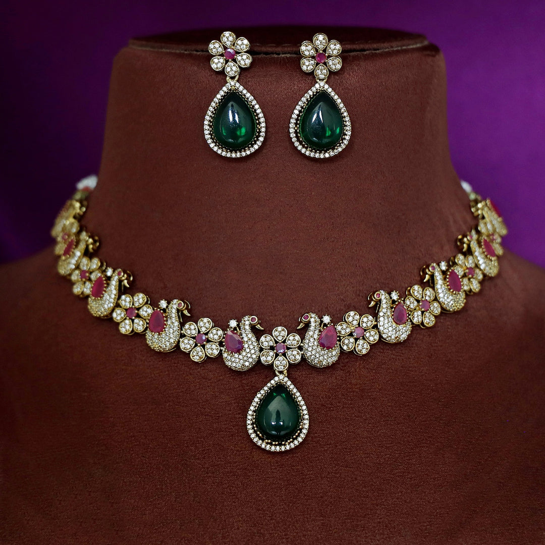 Premium Shanaya AD Stone Glossy Swan Drop Short Neckpiece With Earring