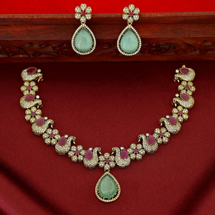 Premium Shanaya AD Stone Glossy Swan Drop Short Neckpiece With Earring