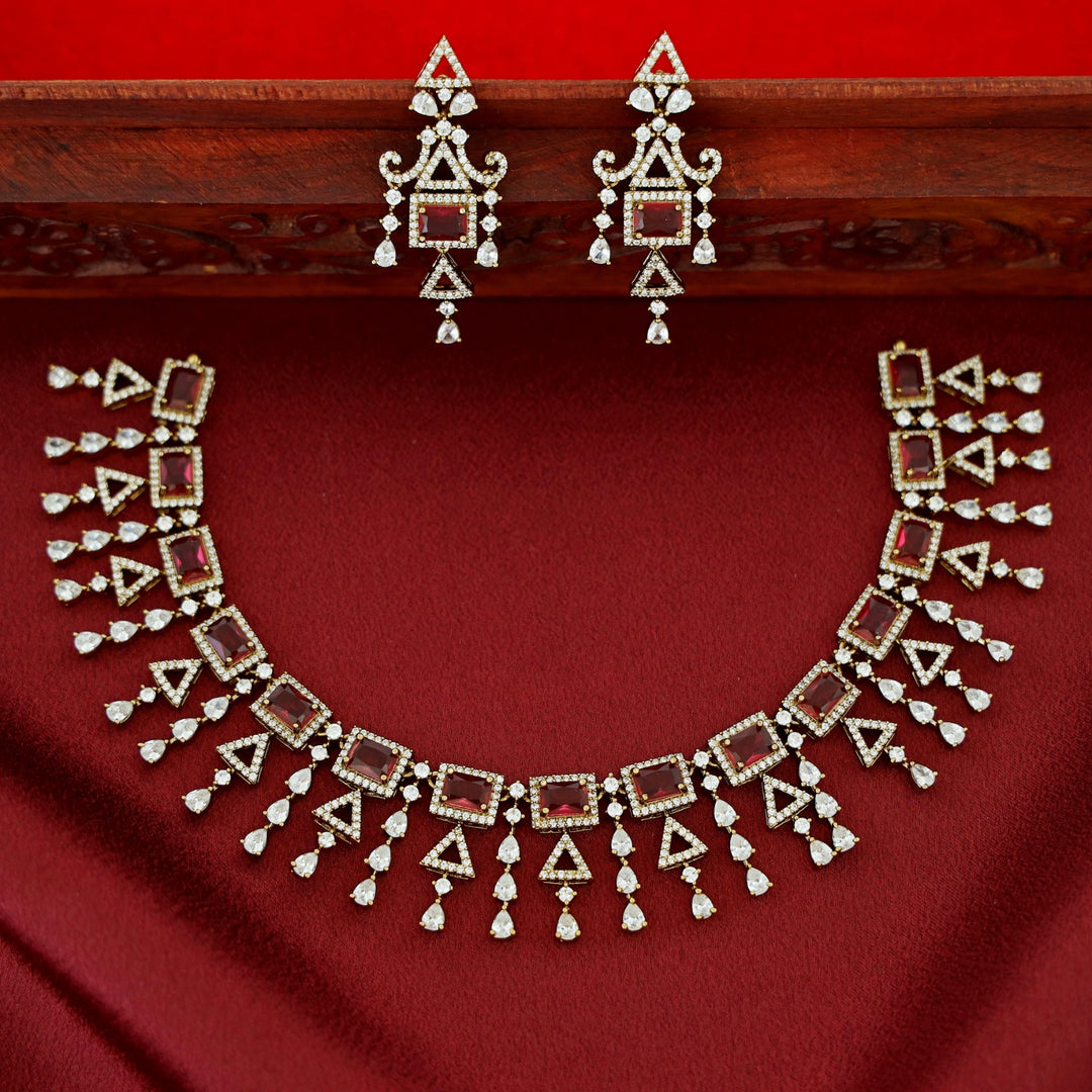 Premium Rectangle Glossy Triangle Drop Short Neckpiece With Earring