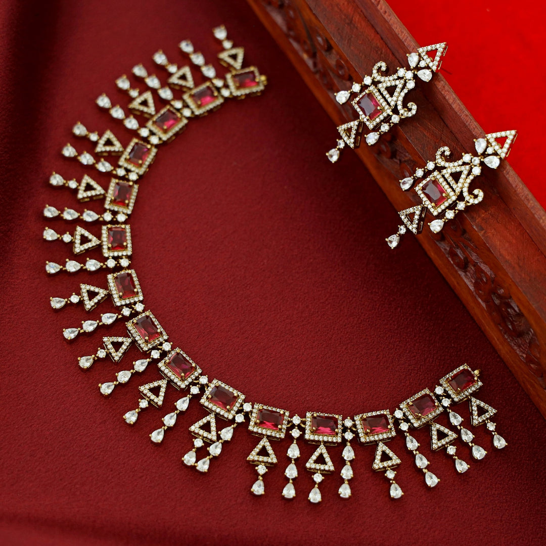 Premium Rectangle Glossy Triangle Drop Short Neckpiece With Earring