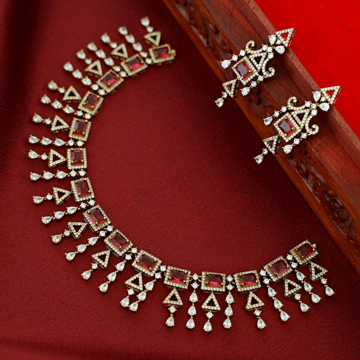 Premium Rectangle Glossy Triangle Drop Short Neckpiece With Earring