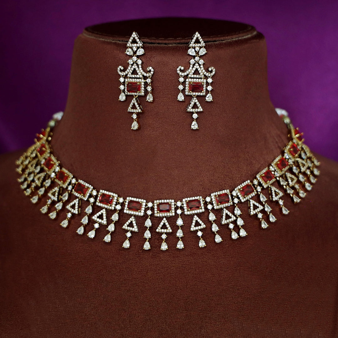 Premium Rectangle Glossy Triangle Drop Short Neckpiece With Earring