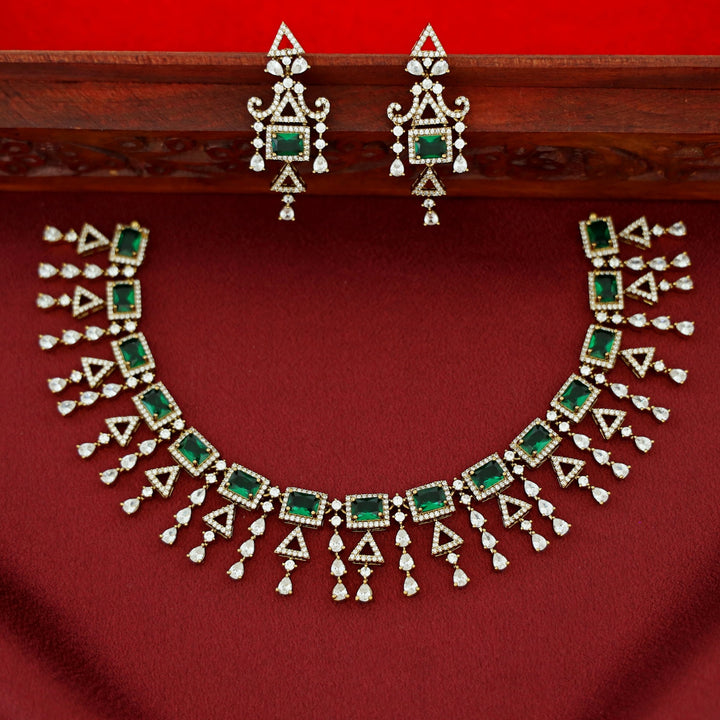 Premium Rectangle Glossy Triangle Drop Short Neckpiece With Earring