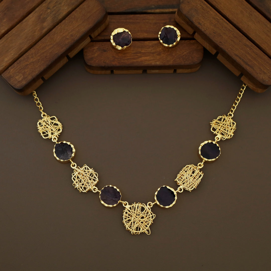 Monica Wired Circle + Square Raw Stone Short Neckpiece With Stud