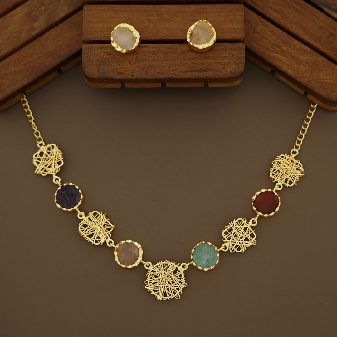 Monica Wired Circle + Square Raw Stone Short Neckpiece With Stud