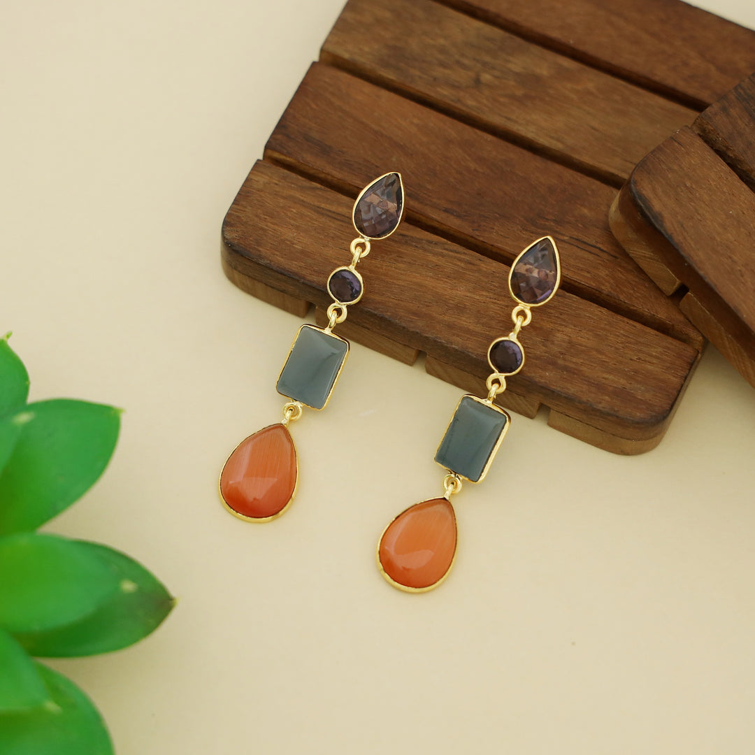 Holly Drop Circle Rectangle Tetra Glossy Stone Earring