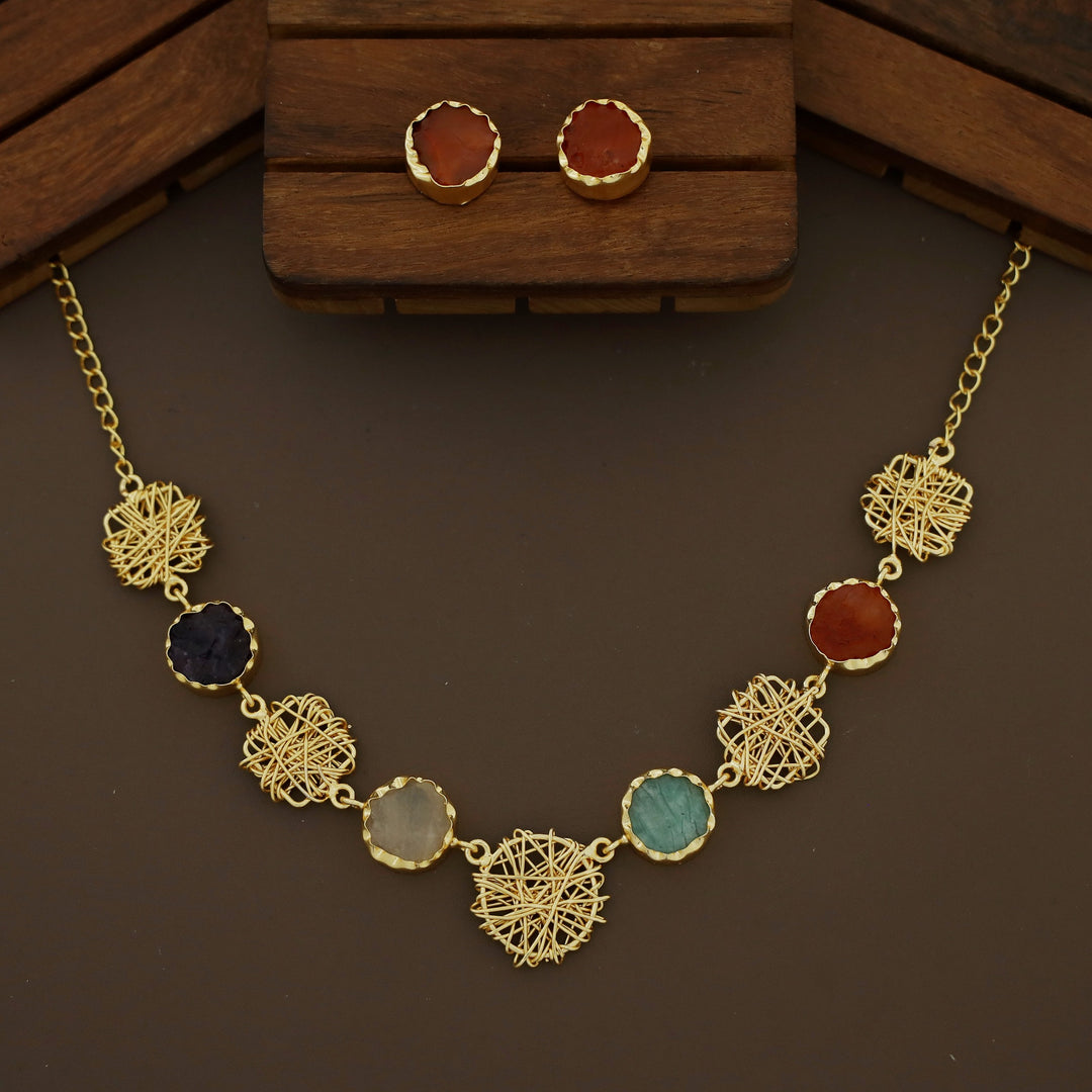 Monica Wired Circle + Square Raw Stone Short Neckpiece With Stud