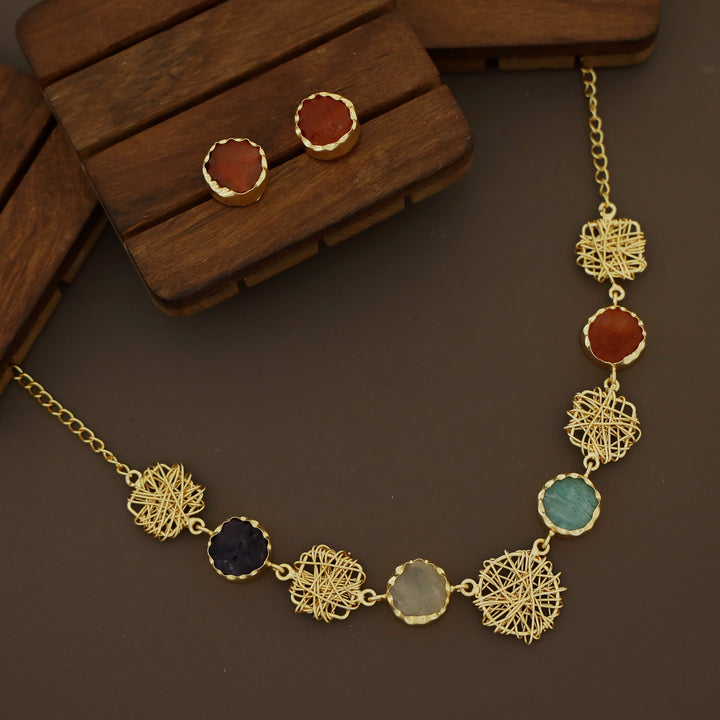Monica Wired Circle + Square Raw Stone Short Neckpiece With Stud