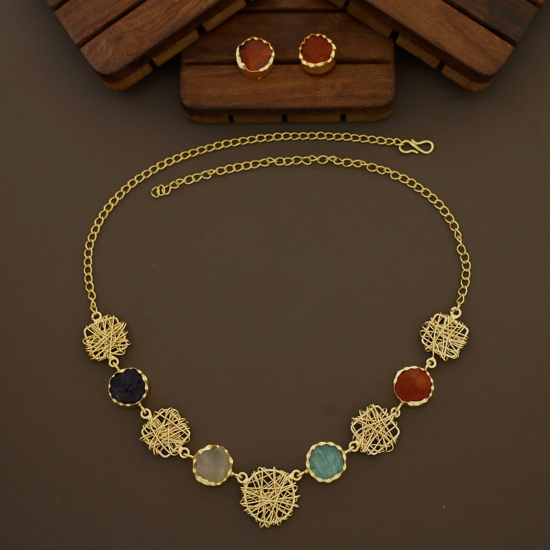 Monica Wired Circle + Square Raw Stone Short Neckpiece With Stud