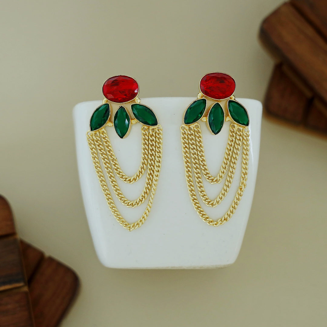 Glossy Oval Tri Leaf Chain Earring