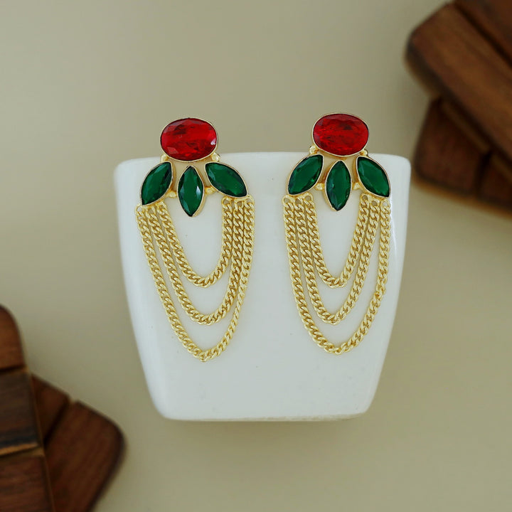 Glossy Oval Tri Leaf Chain Earring