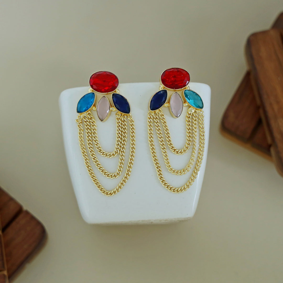 Glossy Oval Tri Leaf Chain Earring