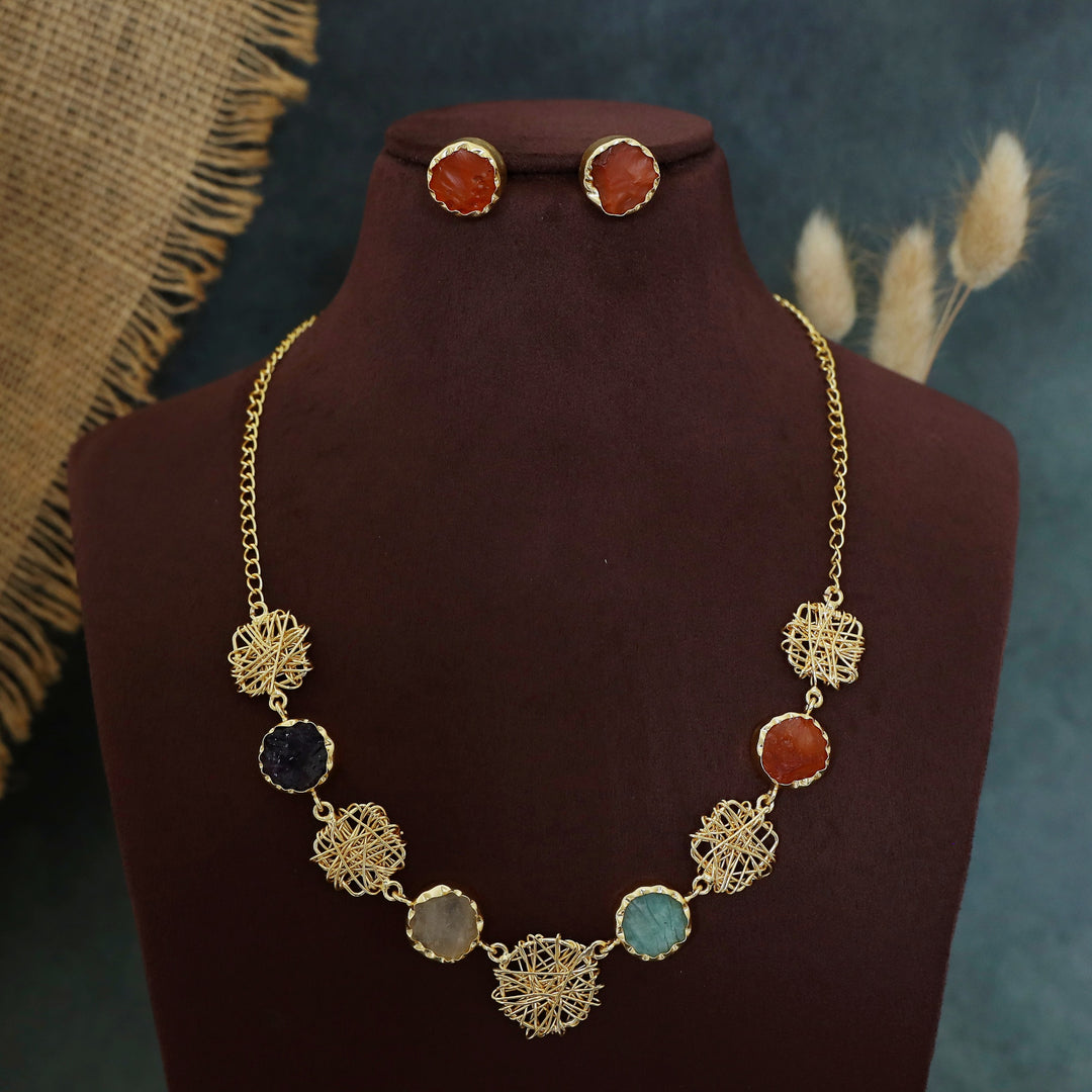 Monica Wired Circle + Square Raw Stone Short Neckpiece With Stud