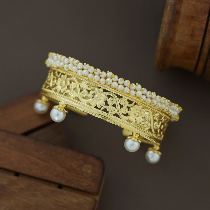 Sharvani Cluster Pearl Golden Flower Hand Cuff