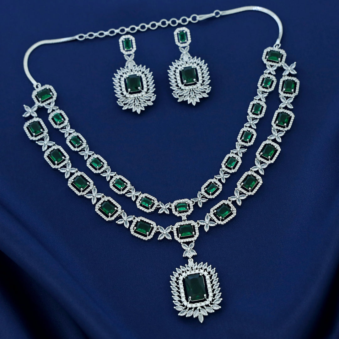 Premium AD Stone Rectangle 2 Layer Neckpiece With Earring