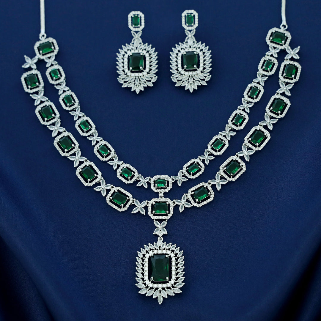 Premium AD Stone Rectangle 2 Layer Neckpiece With Earring