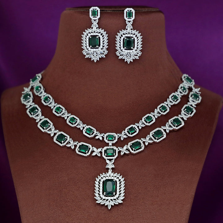 Premium AD Stone Rectangle 2 Layer Neckpiece With Earring
