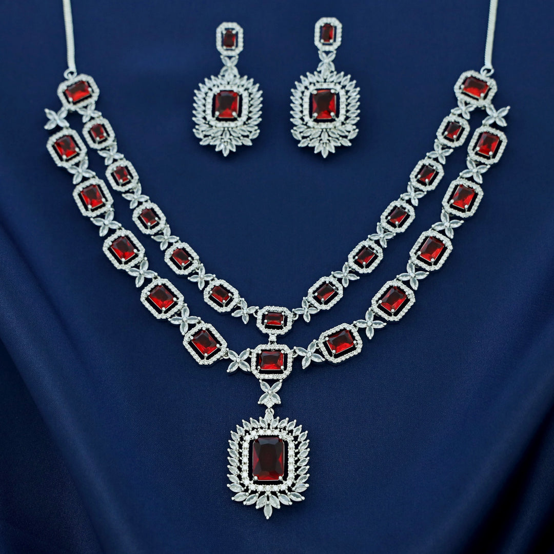 Premium AD Stone Rectangle 2 Layer Neckpiece With Earring