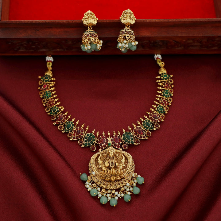 Aaradhya Lekshmi Mango Kemp Stone Pearl Bead Neckpiece With Earring