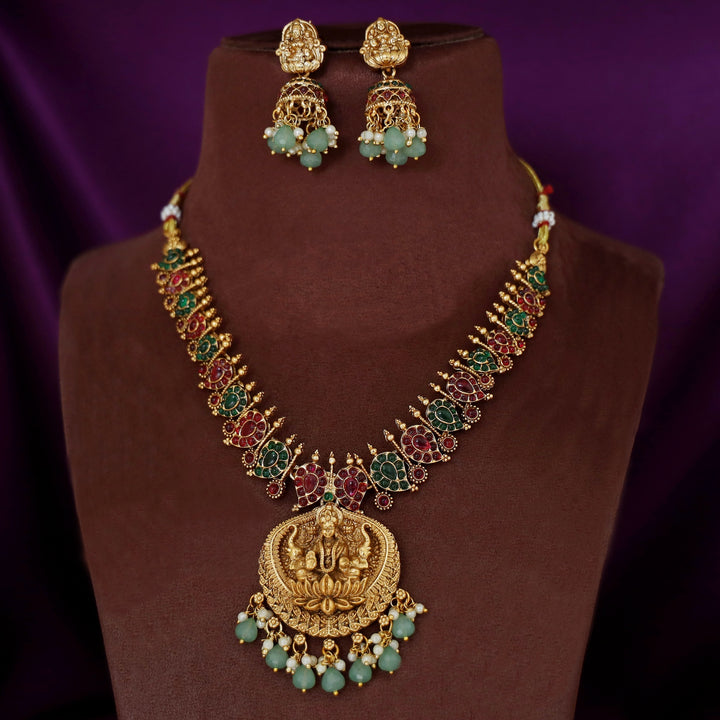 Aaradhya Lekshmi Mango Kemp Stone Pearl Bead Neckpiece With Earring