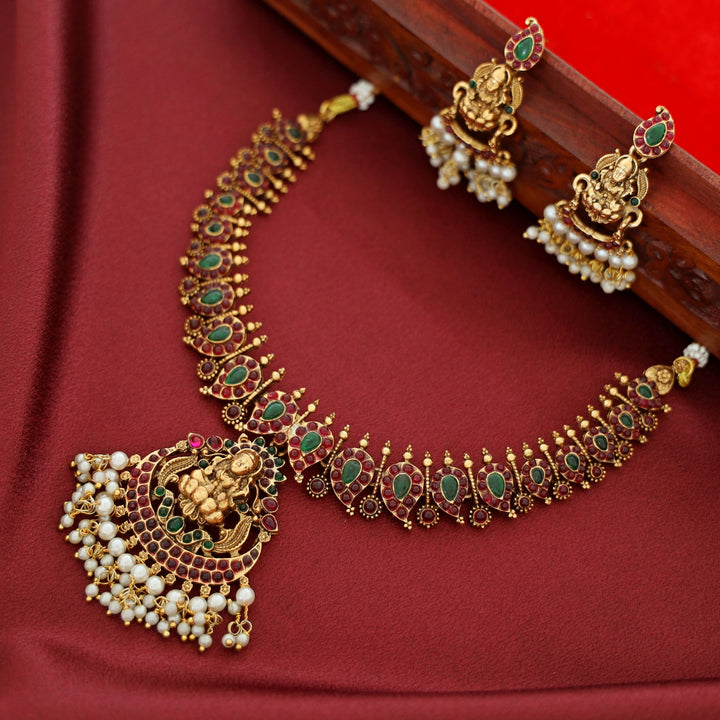 Raadhya Lekshmi Mango Kemp Stone Pearl Neckpiece With Earring