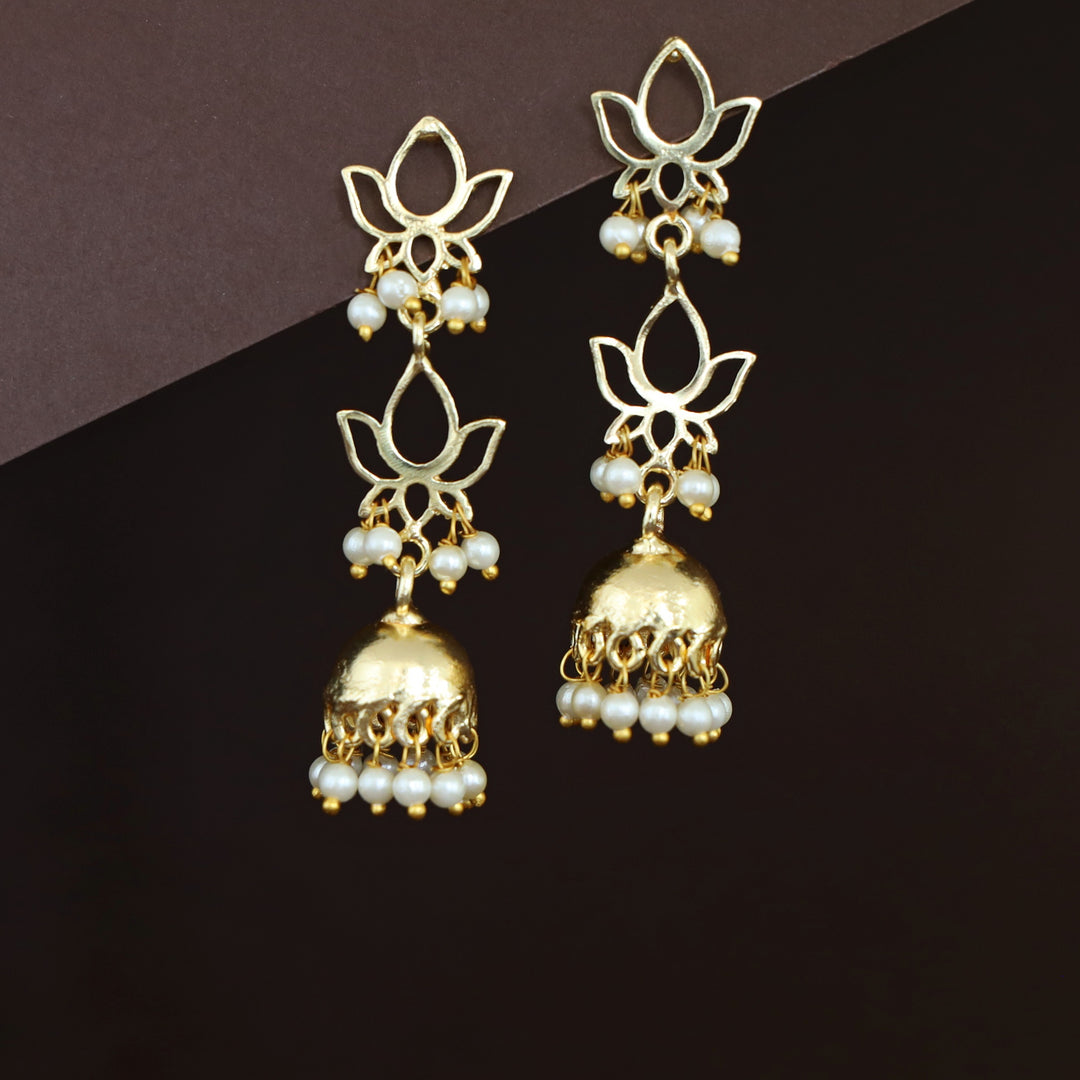 Golden 2 Layer Lotus Pearl Jhumka