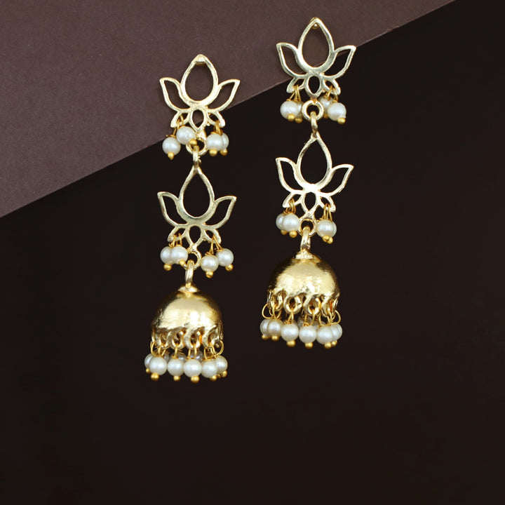 Golden 2 Layer Lotus Pearl Jhumka