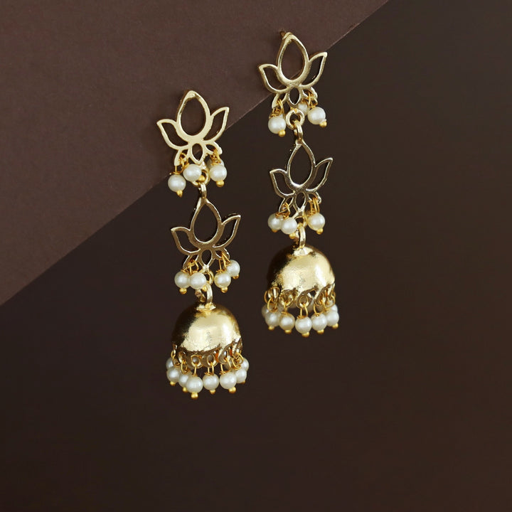 Golden 2 Layer Lotus Pearl Jhumka