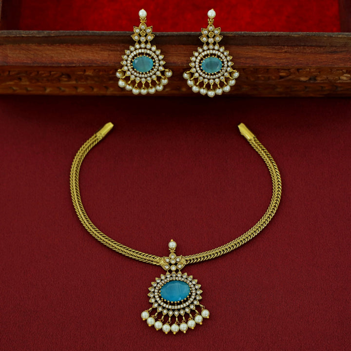 Vishita AD Stone Cluster Pearl Neckpiece With Earring
