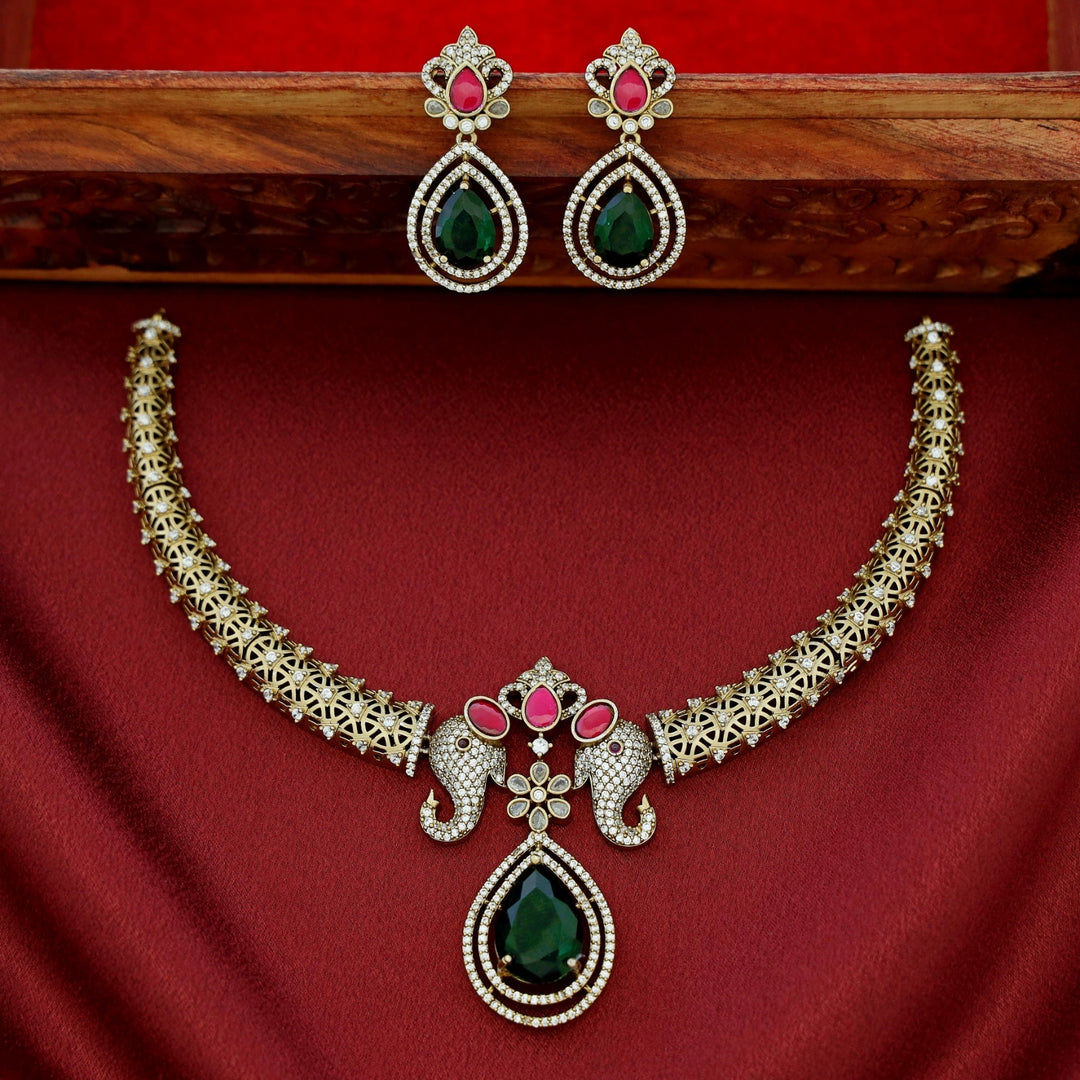 Airavath AD Stone Stiff Wing Neckpiece With Earring