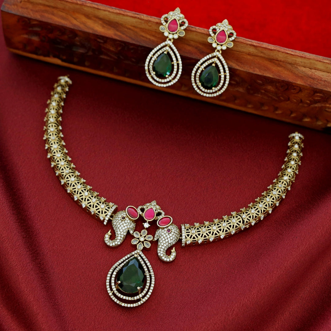 Airavath AD Stone Stiff Wing Neckpiece With Earring