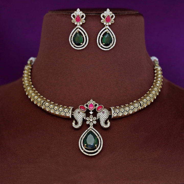 Airavath AD Stone Stiff Wing Neckpiece With Earring
