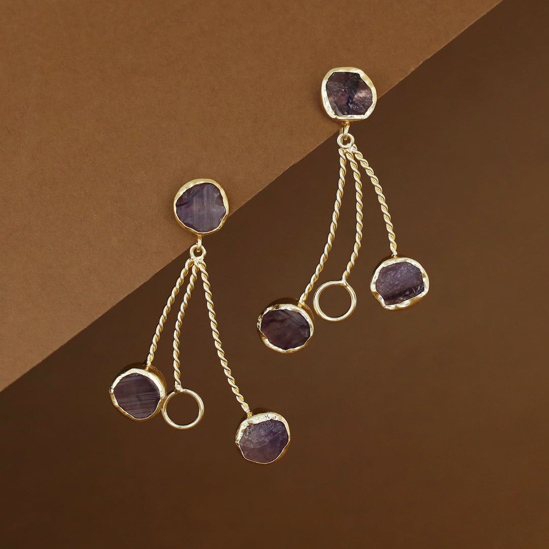 Seraphine Tri Raw Stone + Circle Golden Twisted Earring