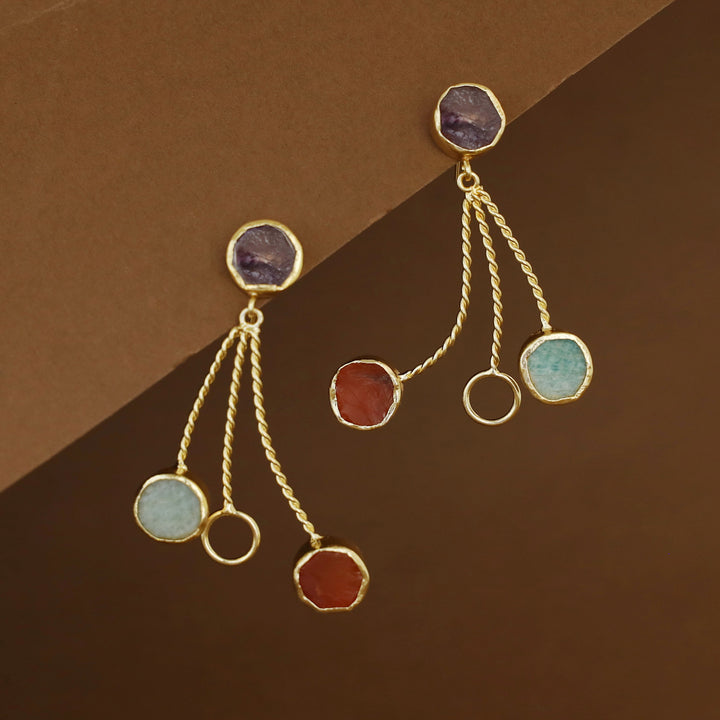 Seraphine Tri Raw Stone + Circle Golden Twisted Earring