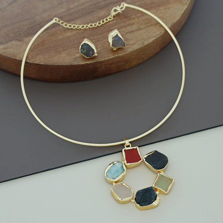 Raw Stone Golden Chakra Neck Cuff With Stud