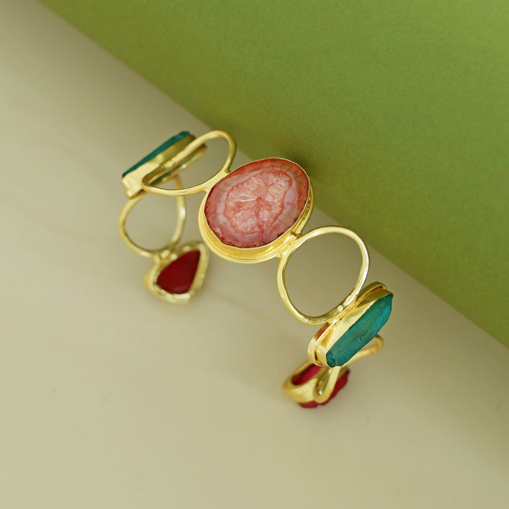 Golden Hammered Circle Agate + Dyed + Druzy Stone Bangle