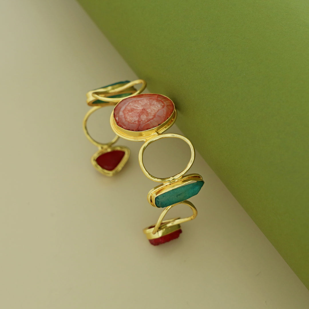Golden Hammered Circle Agate + Dyed + Druzy Stone Bangle