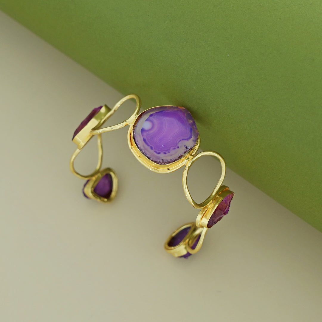 Golden Hammered Circle Agate + Dyed + Druzy Stone Bangle