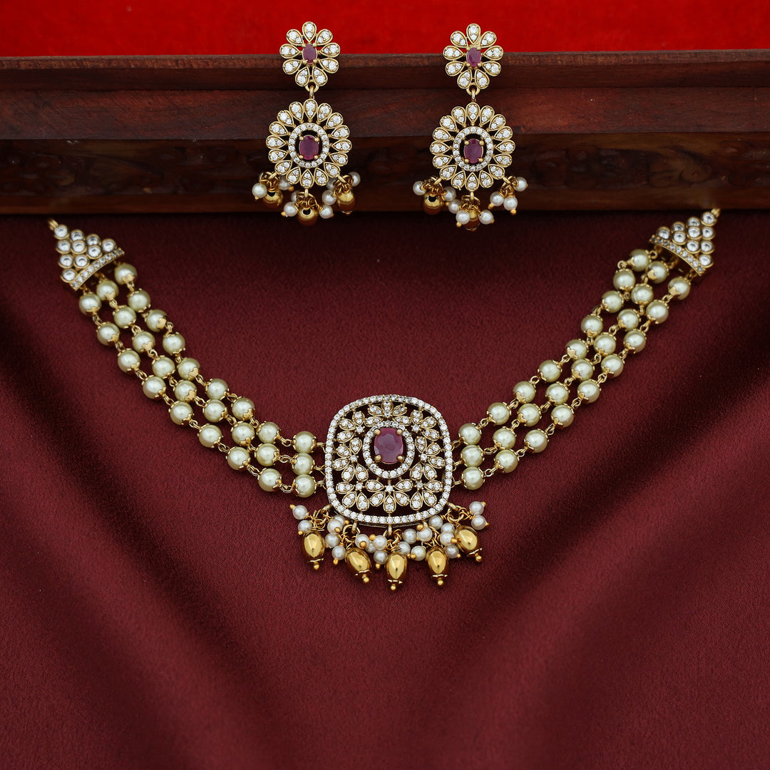 3 Layer Pearl Choker With Earring