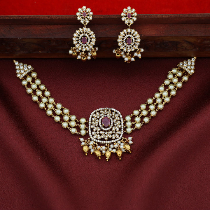 3 Layer Pearl Choker With Earring