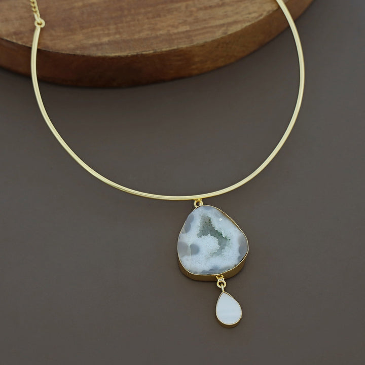 Golden Neck Cuff With Agate + Mop Pendant