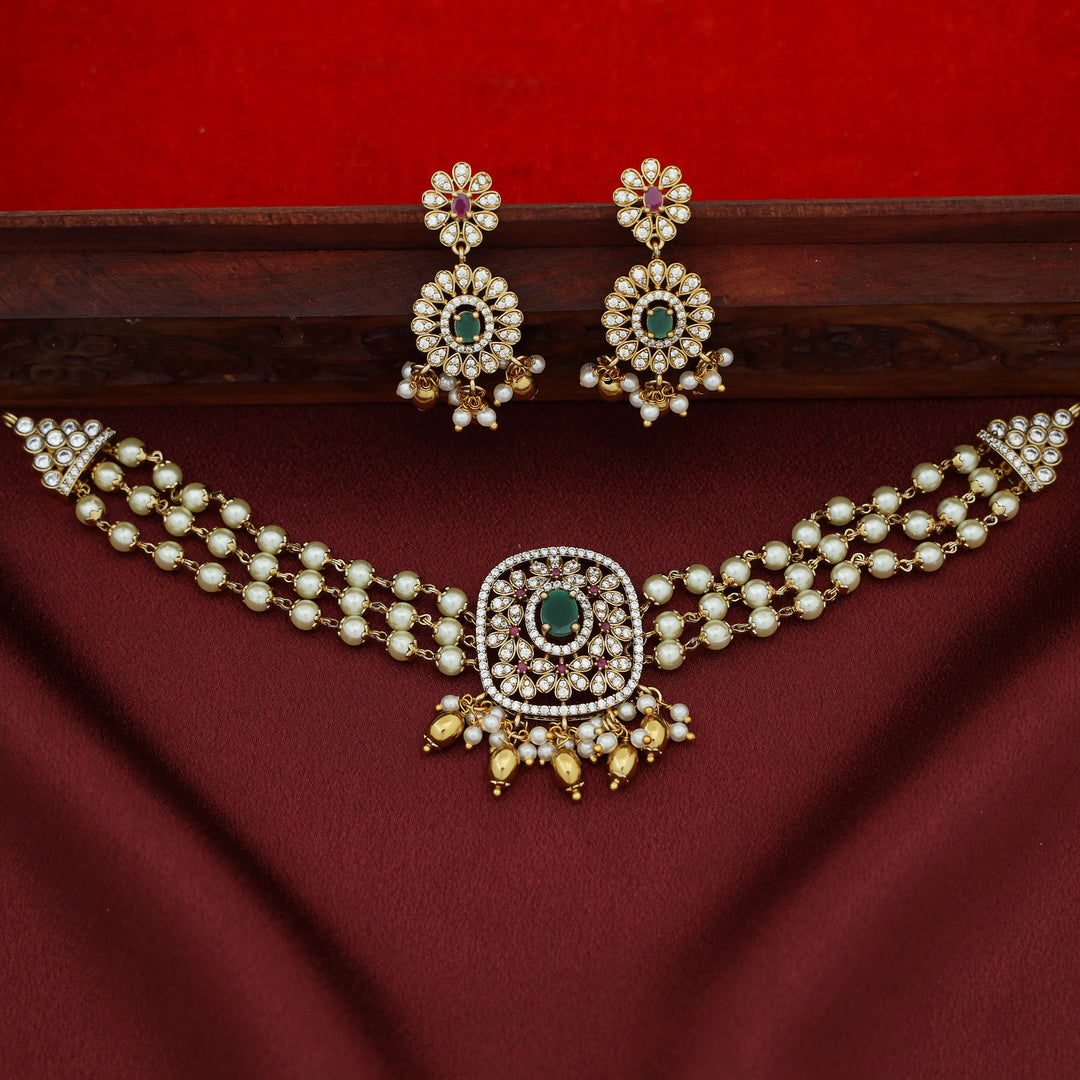 3 Layer Pearl Choker With Earring